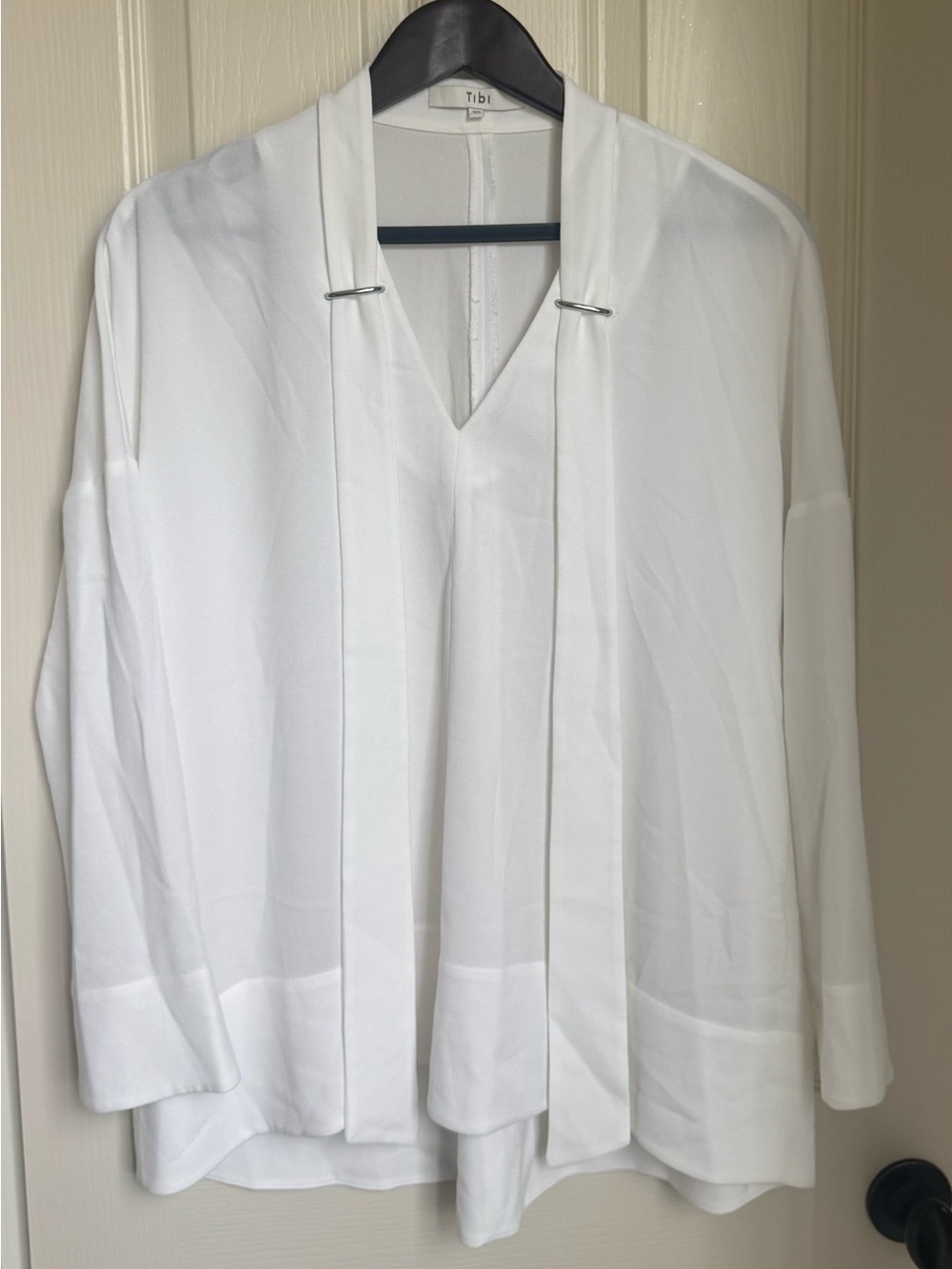 Tibi White V-Neck Draped Button-Down Shirt with Pin Details